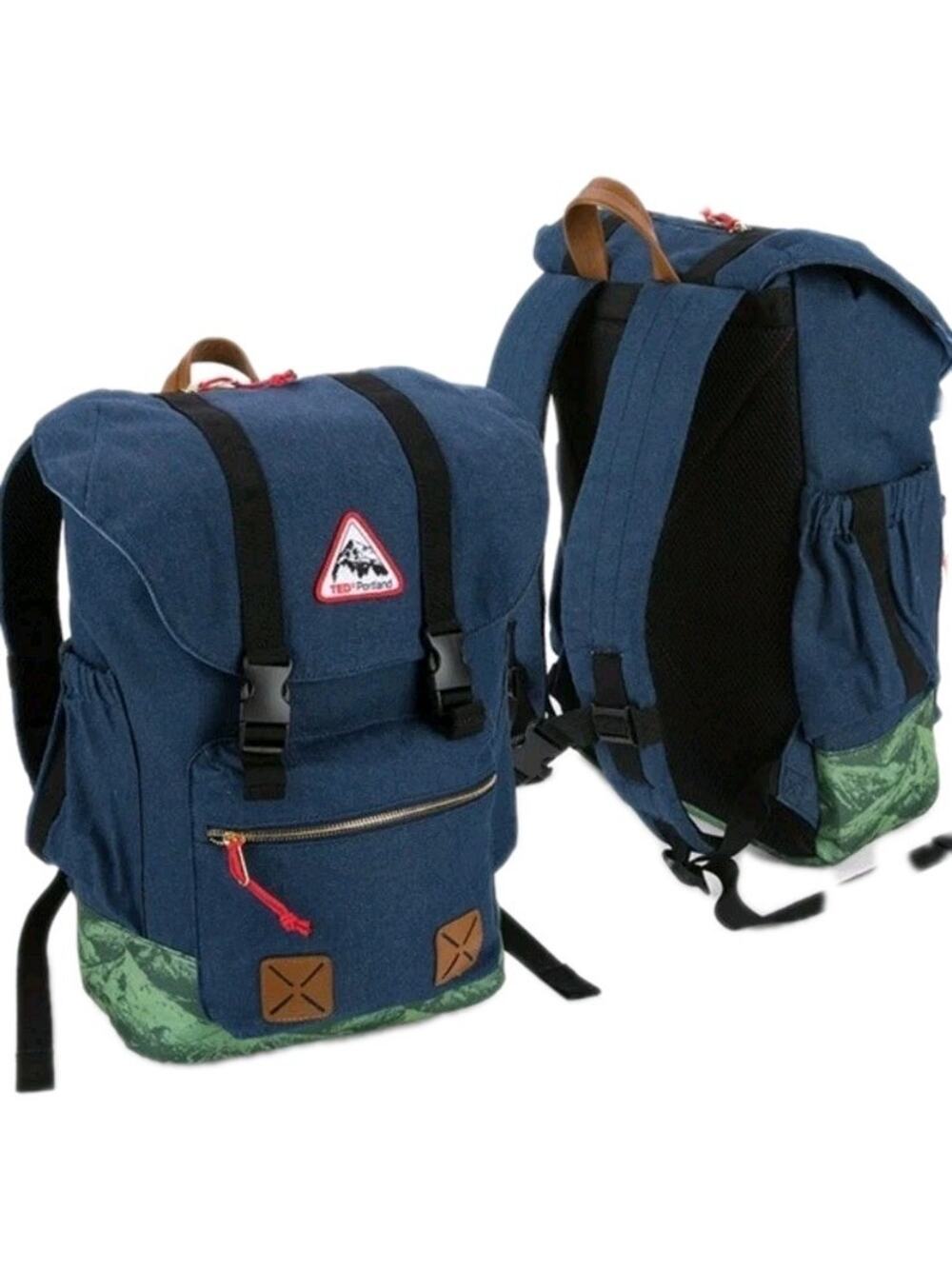 TedX Portland Oregon Backpack Blue Denim Red Mount Hood Graphic NWOT 18x13